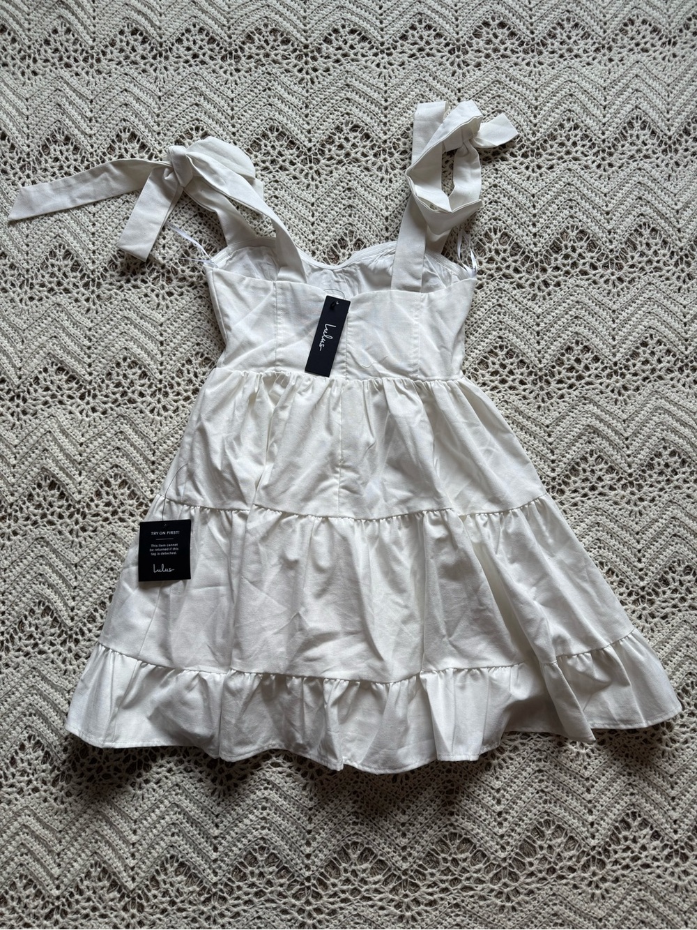 NWT Lulus Tier-ly Delightful White Tie-Strap Tiered Bustier Mini Dress XS White - Picture 8 of 9
